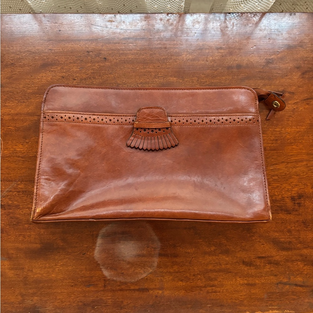 Vintage 80s Perry Ellis Cognac Brown Leather Shoulder/Clutch with Fringe Accent